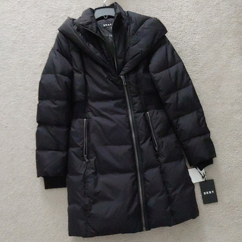 DKNY Asymmetrical Faux-leather-trim Puffer Coat